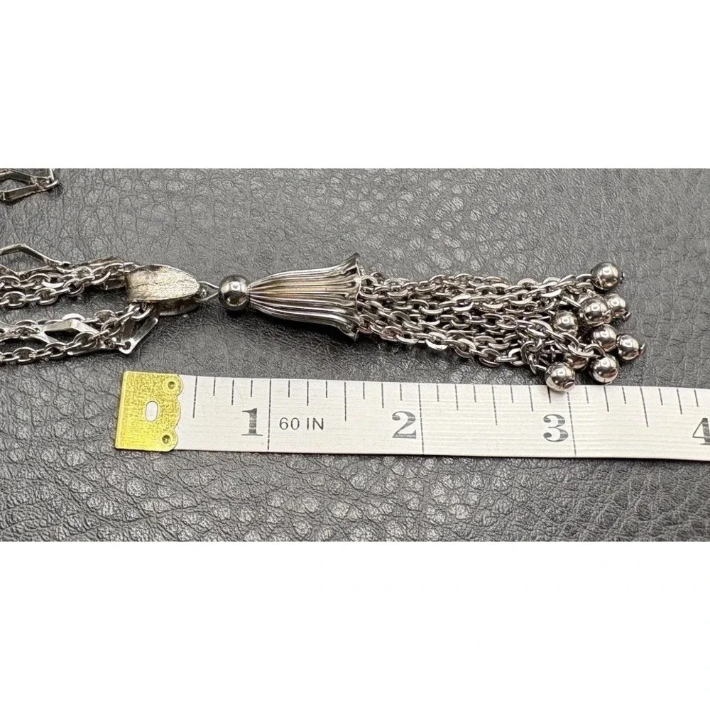 Vintage Silver Tone Tassel Fringe Pendant Necklace Multi Strand Beaded Chain 22